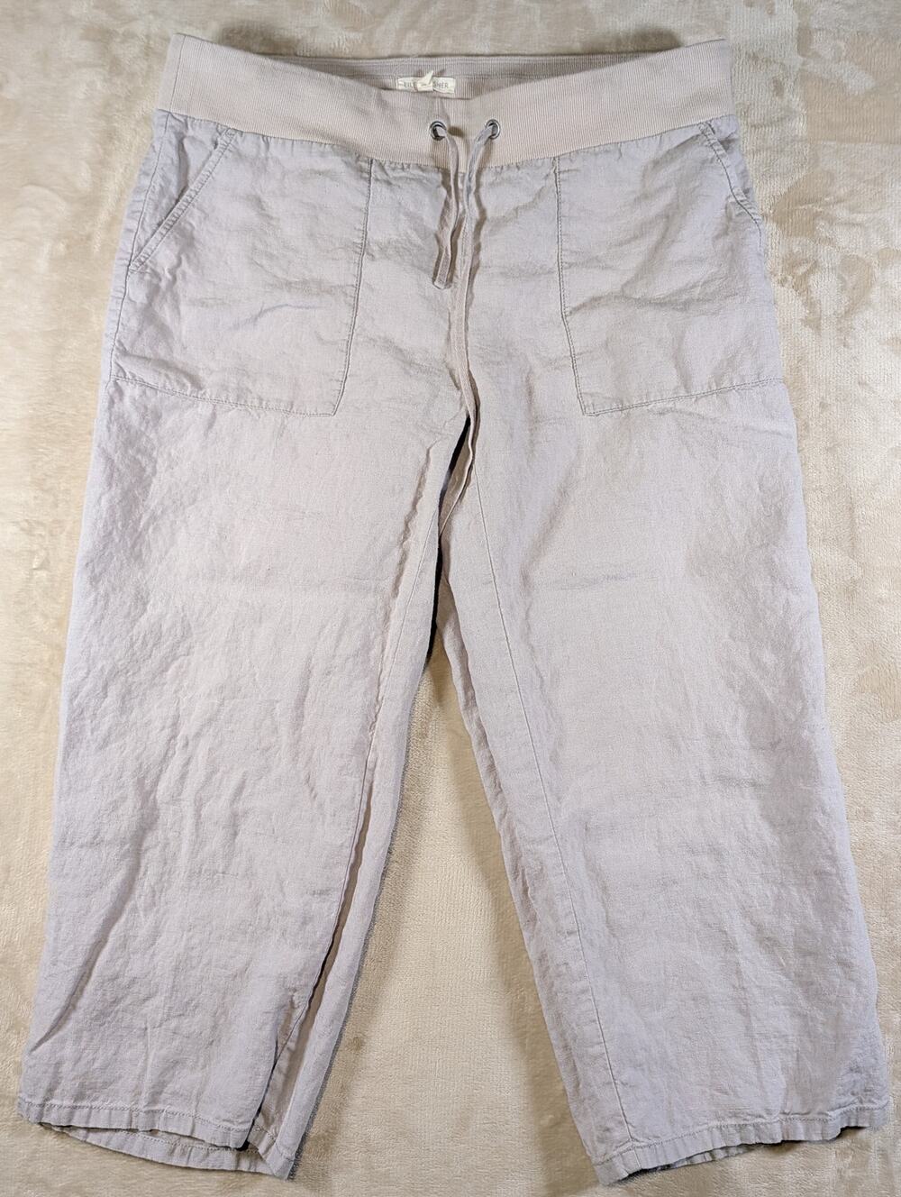 Eileen Fisher Womens Medium Beige Organic Linen Ribbed Waistband Cropped Pants